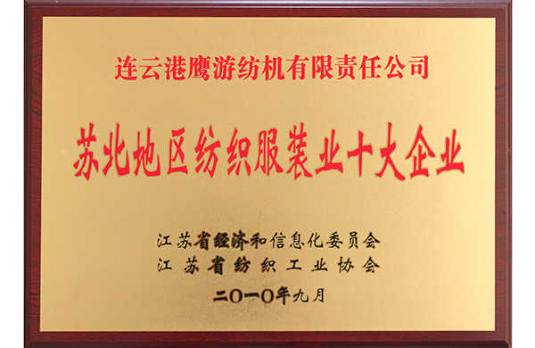 2010年江苏经信委、江苏省纺织工业协会授予“苏北地区纺织服装业十大企业”称号