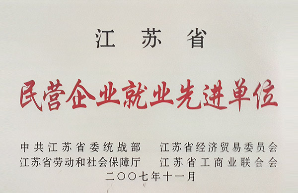 2009年中共江苏省委统战部、省经信委、省人保厅授予“江苏省民营企业就业先进单位”